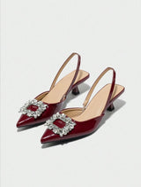 Wine Red Pointed Toe Slingback Heels with Crystal Buckle