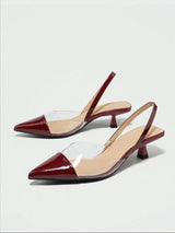 Transparent Pointed Toe Slingback Heels for Women – Wine Red