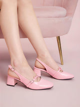 Pink Gloss Block Heels with Bow