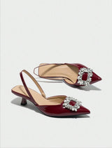 Wine Red Pointed Toe Slingback Heels with Crystal Buckle