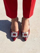 Wine Red Pointed Toe Slingback Heels with Crystal Buckle