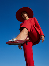 Wine Red Pointed Toe Slingback Heels with Crystal Buckle