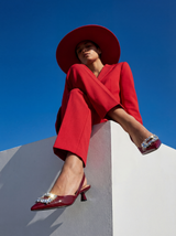 Wine Red Pointed Toe Slingback Heels with Crystal Buckle