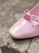 Pink Gloss Block Heels with Bow