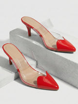 Luxury Red Transparent Mule Heels for Women | Pointed Toe Designer Slip-On Heels