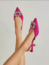 Pink Velvet Pointed Toe Heels with Crystal Buckle –