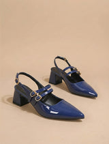 Navy Blue Pointed Toe Slingback Heels with Double Buckle Straps