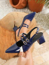 Navy Blue Pointed Toe Slingback Heels with Double Buckle Straps