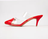 Luxury Red Transparent Mule Heels for Women | Pointed Toe Designer Slip-On Heels