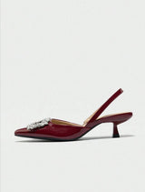 Wine Red Pointed Toe Slingback Heels with Crystal Buckle