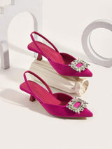 Pink Velvet Pointed Toe Heels with Crystal Buckle –